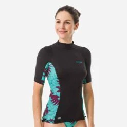 Tee Shirt Anti UV Surf Top 500 Manches Courtes Femme Parme Et Floral SELVA -Magasin De Vêtements De Sport 8518978
