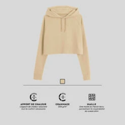 Sweat à Capuche Crop Fitness Femme - 520 Beige -Magasin De Vêtements De Sport hoodie 520 cropped a capuche majorite coton fitness beige 7