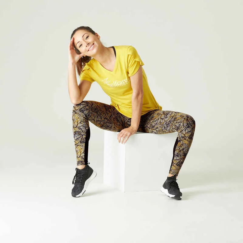 Legging Fitness 7/8 Coton Extensible Avec Mesh Femme - Jaune 2 Legging Fitness 7/8 Coton Extensible Avec Mesh Femme - Jaune – Image 2