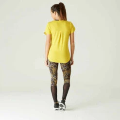 Legging Fitness 7/8 Coton Extensible Avec Mesh Femme - Jaune 13 Legging Fitness 7/8 Coton Extensible Avec Mesh Femme - Jaune -Magasin De Vêtements De Sport legging coton extensible fitness taille haute avec mesh jaune avec imprime 2