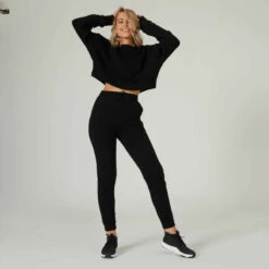 Sweat Crop Fitness Femme - 520 Noir 12 Sweat Crop Fitness Femme - 520 Noir -Magasin De Vêtements De Sport sweat 520 crop col rond avec lien de serrage majorite coton fitness noir 3