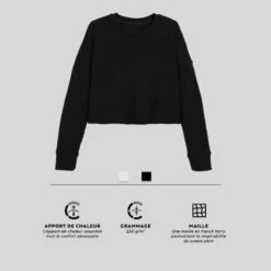 Sweat Crop Fitness Femme - 520 Noir 16 Sweat Crop Fitness Femme - 520 Noir -Magasin De Vêtements De Sport sweat 520 crop col rond avec lien de serrage majorite coton fitness noir 7