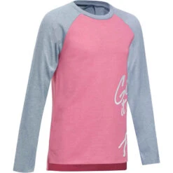 T-Shirt 500 Manches Longues Gym Fille Imprimé Rose Gris