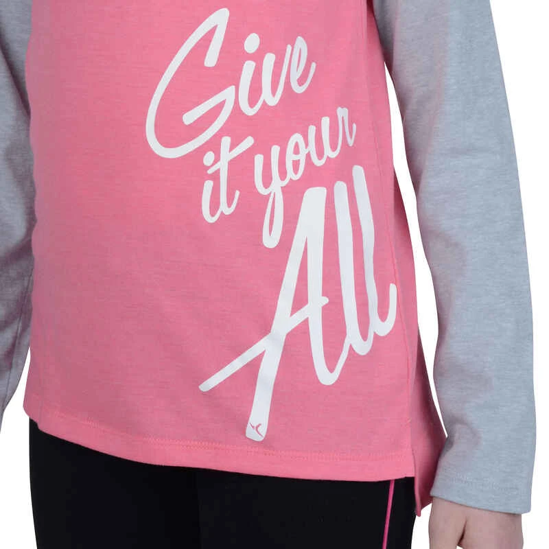 T-Shirt 500 Manches Longues Gym Fille Imprimé Rose Gris 9 T-Shirt 500 Manches Longues Gym Fille Imprimé Rose Gris – Image 9