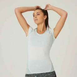 T-shirt Fitness Manches Courtes Slim Coton Extensible Col En V Femme Vert