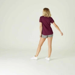 T-shirt Fitness Manches Courtes Slim Coton Extensible Col Bateau Femme Violet