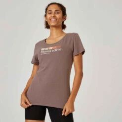 T-shirt Fitness Manches Courtes Col Rond Coton Femme - 500 Gris Foncé