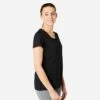 T-shirt Fitness Manches Courtes Droit Coton Extensible Col Rond Femme Noir