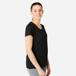 T-shirt Fitness Manches Courtes Droit Coton Extensible Col Rond Femme Noir