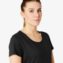 T-shirt Fitness Manches Courtes Droit Coton Extensible Col Rond Femme Noir -Magasin De Vêtements De Sport t shirt regular 500 femme noir 4