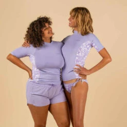 Tee Shirt Anti UV Surf Top 500 Manches Courtes Femme Parme Et Floral SELVA -Magasin De Vêtements De Sport tee shirt anti uv surf top 500 manches courtes femme turquoise et blanc 5